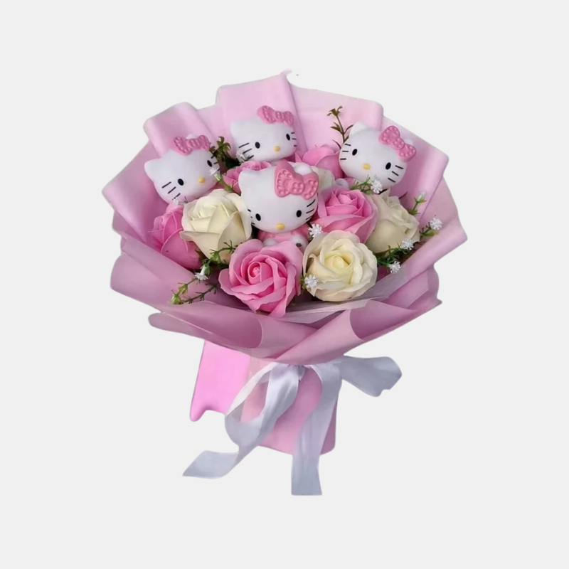Bukett med färgglada konstgjorda blommor och Kitty-figurer för presenter och dekoration