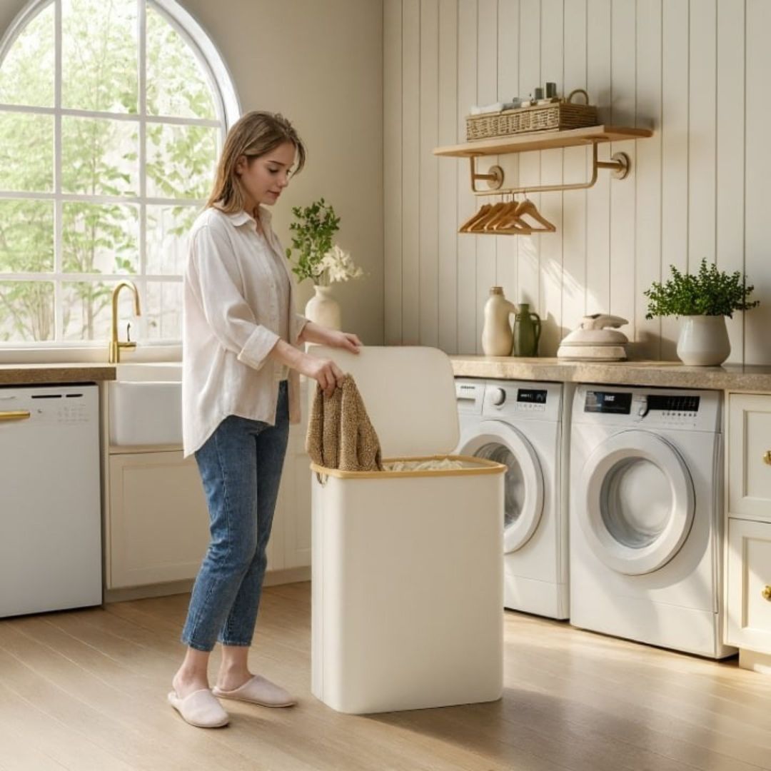 Tvättkorg med lock | Tvättsortering med 3 fack i svart, beige och grått | WäscheBox