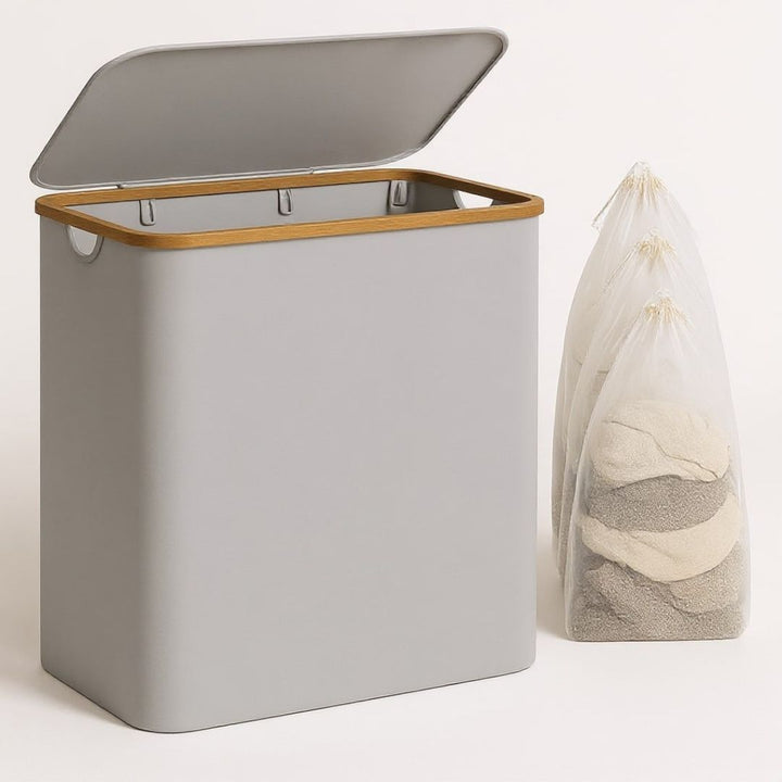 Tvättkorg med lock | Tvättsortering med 3 fack i svart, beige och grått | WäscheBox