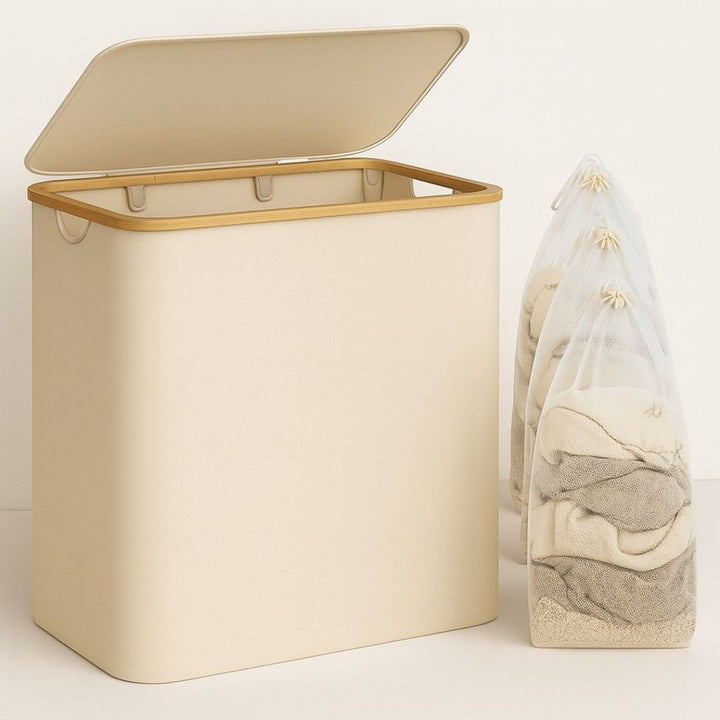 Tvättkorg med lock | Tvättsortering med 3 fack i svart, beige och grått | WäscheBox
