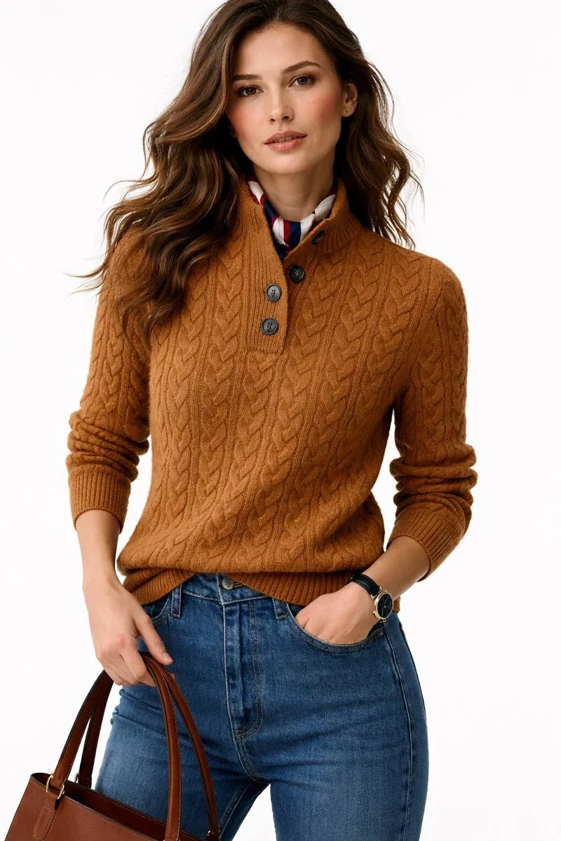 Kabelstickad tröja med polokrage och knappar för dam – Stickad pullover