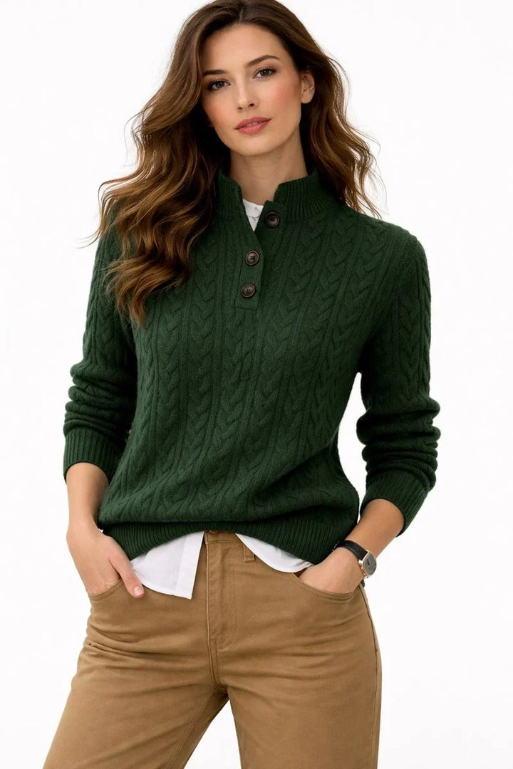 Kabelstickad tröja med polokrage och knappar för dam – Stickad pullover