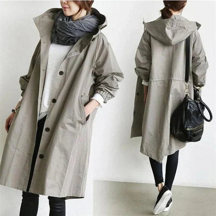 Lång trenchcoat med huva för dam, vattentät, oversized passform