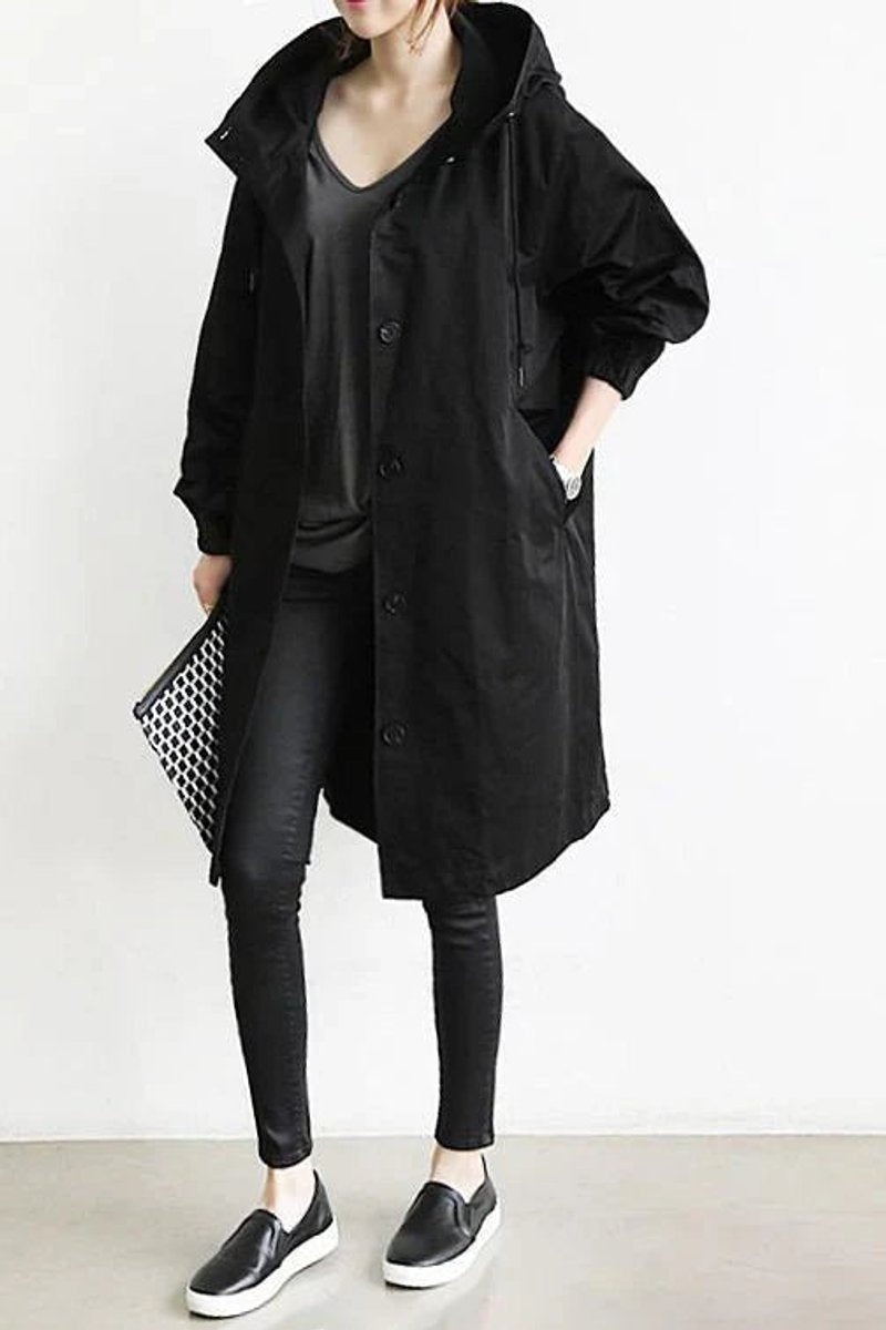 Lång trenchcoat med huva för dam, vattentät, oversized passform