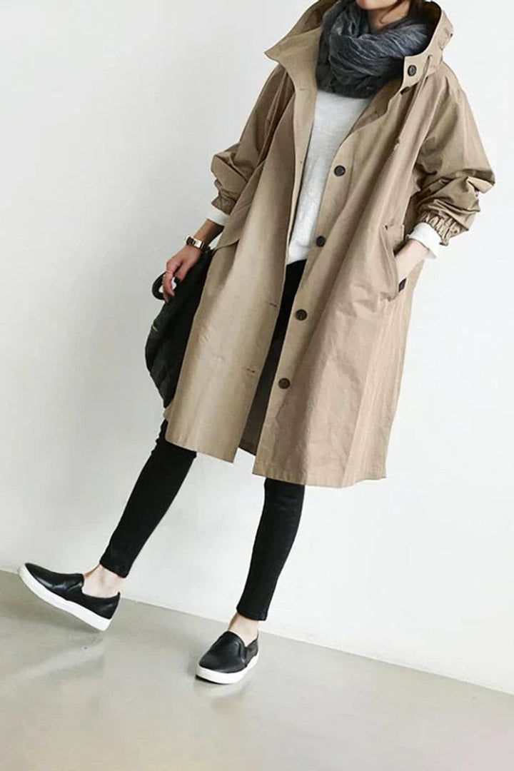 Lång trenchcoat med huva för dam, vattentät, oversized passform