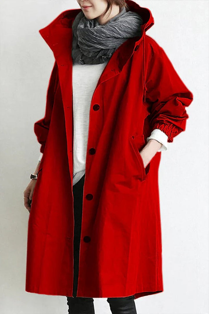 Lång trenchcoat med huva för dam, vattentät, oversized passform