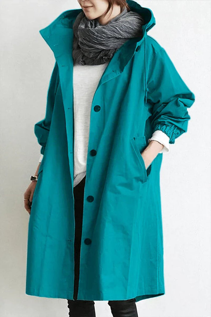 Lång trenchcoat med huva för dam, vattentät, oversized passform