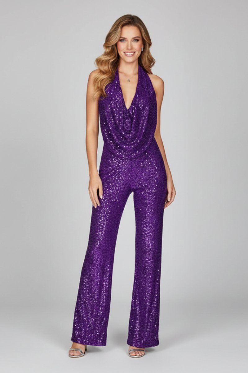 Insvängd jumpsuit för dam – Med halterneck och vida ben, lämplig för festliga tillfällen