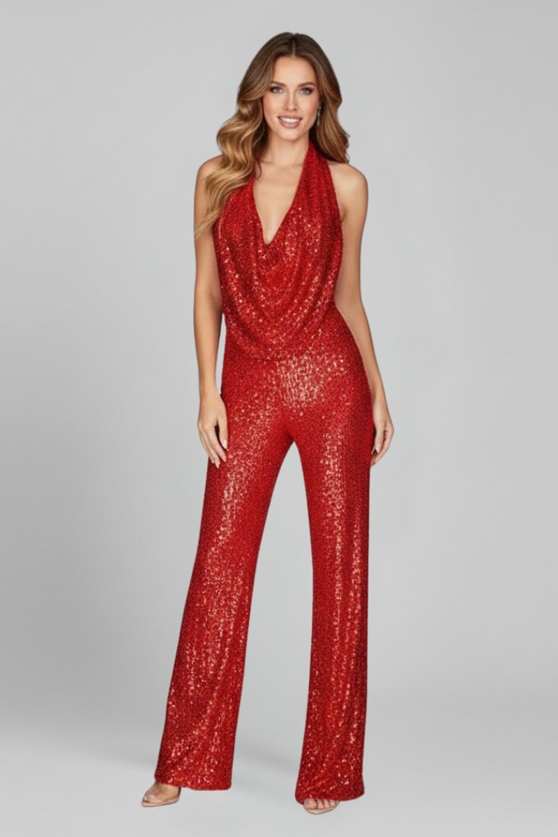Insvängd jumpsuit för dam – Med halterneck och vida ben, lämplig för festliga tillfällen