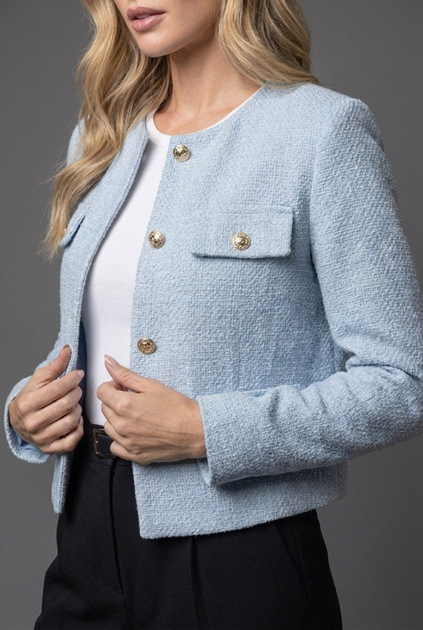 Tweedkavaj för dam, cropped, med rund halsringning och knappar