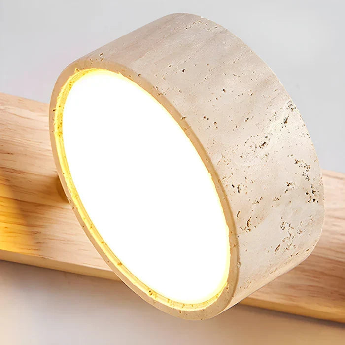 Modern LED-vägglampa med roterbara skärmar i sten och träbas