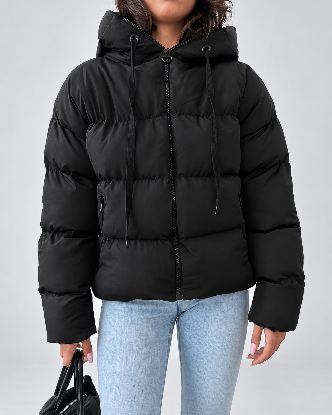Oversized vadderad pufferjacka för dam med huva och dragkedja