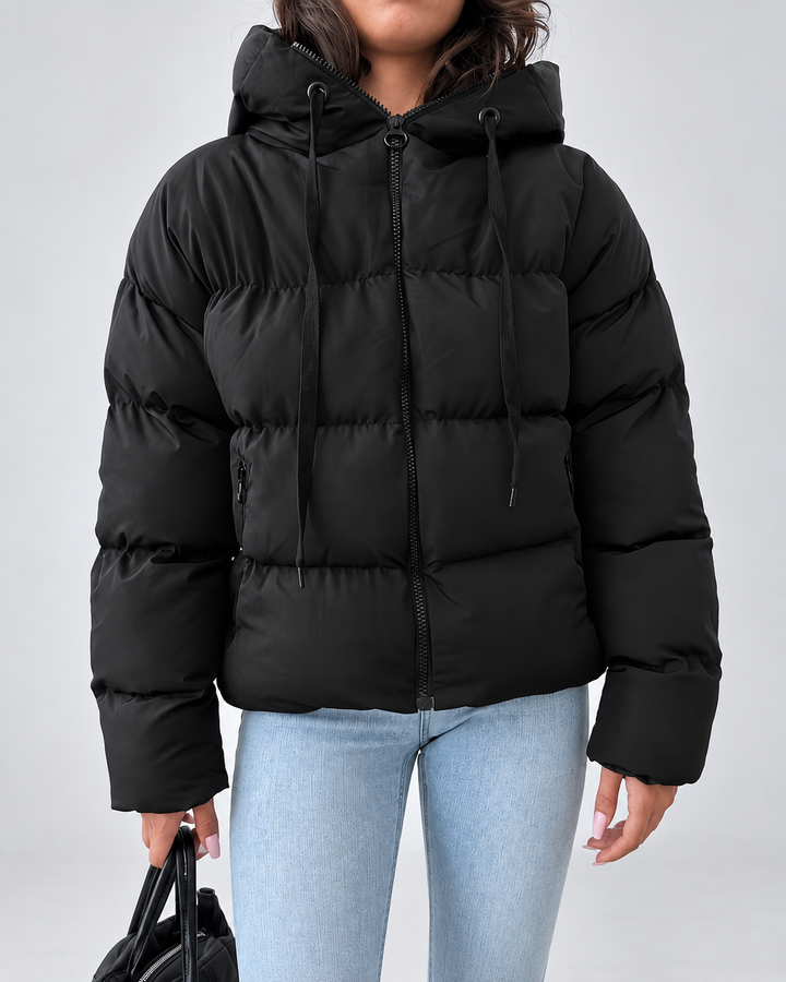 Oversized vadderad pufferjacka för dam med huva och dragkedja