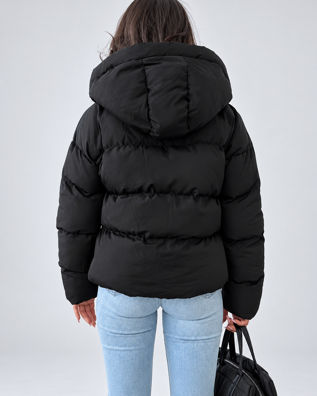 Oversized vadderad pufferjacka för dam med huva och dragkedja