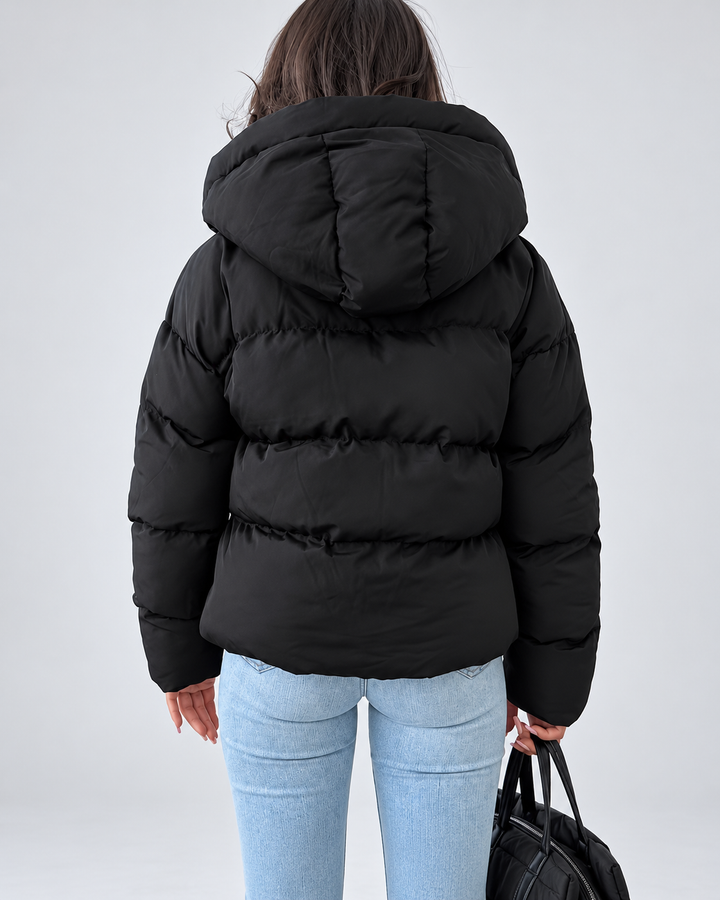 Oversized vadderad pufferjacka för dam med huva och dragkedja